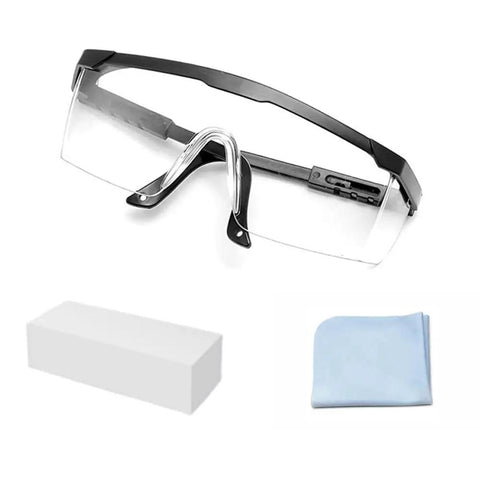 Anti Fog Safety Glasses With Clear Wraparound Lenses Scratch Resistant Eye Protection No Slip Grips Adjustable Temples Lab Goggles Style That Fits Over Most Specs, shown with a cleaning cloth and case.