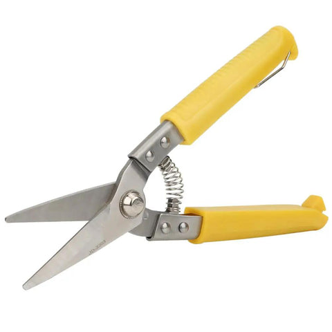 Spring Loaded Metal Snips With Sawtooth Blade For Leather Cutting And Wire Yellow Handle Ergonomic Grip Non Slip PE Handle All Purpose Heavy Duty Cutting Tool For Thin Metal And Stainless Steel Sheets