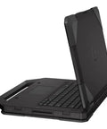 Rock Solid 14 Inch Rugged Business Laptop With Intel Core I5 Processor 16GB Ram 256GB Solid State Drive IP65 Weather Sealed Chassis Windows 11 Pro black laptop viewed from the side, showcasing its durable design.