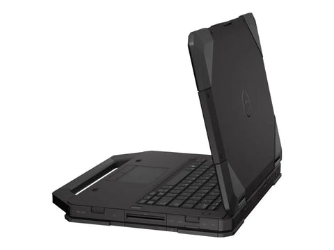 Rock Solid 14 Inch Rugged Business Laptop With Intel Core I5 Processor 16GB Ram 256GB Solid State Drive IP65 Weather Sealed Chassis Windows 11 Pro black laptop viewed from the side, showcasing its durable design.