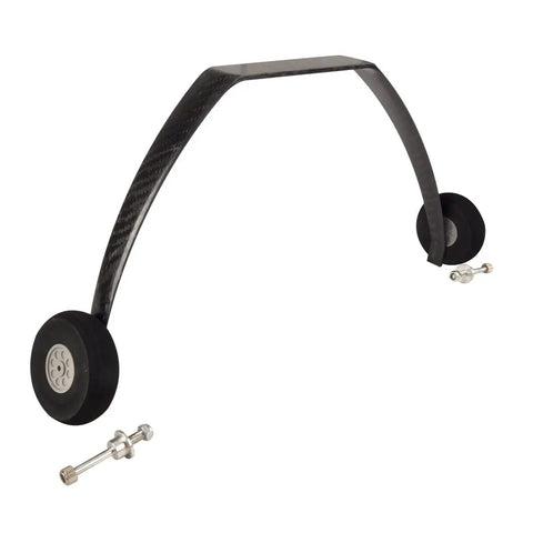 Carbon Fiber RC Landing Gear 300 Pound 75E With Sponge Foam Wheels 2.36 Inch Wheel Set For RC Airplanes Ultra Lightweight Durable Gear Includes Axles And Nuts shown with components.