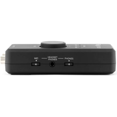 Front view of iRig Stream Stereo Audio Interface for iPhone iPad Mac and PC with USB C Lightning and USB Ports 24 Bit 96 KHz Recording.