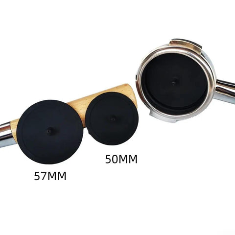 Backflush Rubber Disk Set For Espresso Machines 50mm Or 57mm Deep Group Head Cleaning For Home Barista Use 2 Pack, shown with portafilter