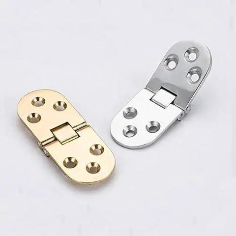 Brass flush mounted folding furniture hinge with self locking design for cabinets doors tables and closets, shown with silver variant