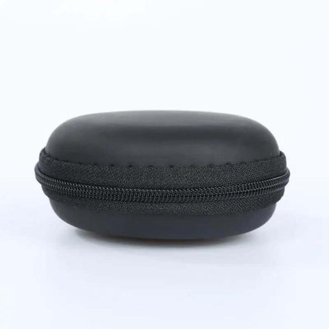 Portable Round Zippered Tech Case For Earphones USB Cables And Hard Drive Hella Durable Eva Shell, side view, black, zipper closure.