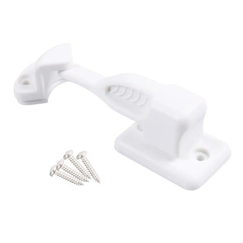 White magnetic car door holder and retainer with screws for inside and outside use, sturdy nylon latch keeper for campers