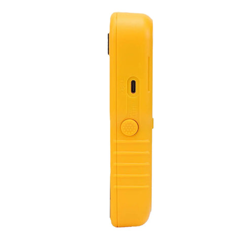Side view of Rcniso wall detector with metal wood stud finder, 5 in 1 scanner for pipes in yellow, handheld design.