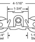 Diagram of Gliding Patio Door Tandem Roller Assembly with dimensions for 200 Series and 400 Series doors, steel construction.