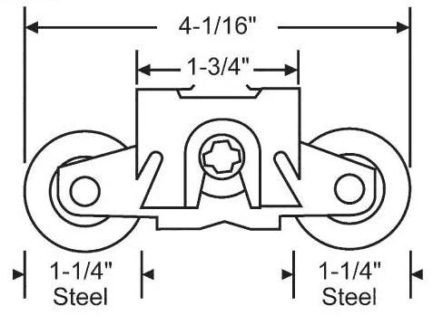 Diagram of Gliding Patio Door Tandem Roller Assembly with dimensions for 200 Series and 400 Series doors, steel construction.