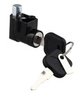 Secure Metal Lock Cover For Hailong E Bike Battery Case Silver Heavy Duty Anti Theft Protection Fits Model 1 Plus Robust Replacement To Keep Your Ride Safe From Thieves. black metal e-bike battery lock cover with keys, silver cylinder, side view