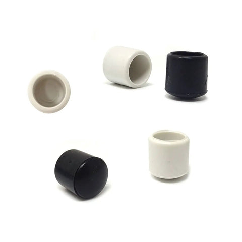 Rubber Door Stop Bumper Caps 40 Pack Replacement Covers For Wall Floor And Door Protection Door Stopper Ends For Skirting Boards 0.39 Inch Inner And 0.5 Inch Outer Two Color Options in black and white, shown from various angles.
