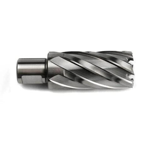 Annular cutter with Weldon shank, 1-1/8 in diameter, 2 in depth of cut, steel finish, side view