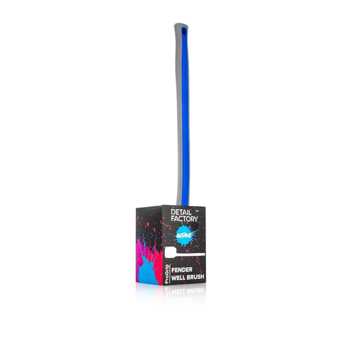 Fender Well Brush With ProGrip Ergonomic Handle And Stiff Synthetic Bristles For Deep No Hassle Wheel Well Cleaning Easy Car Detailing Tool For Reaching Tight Grooves Durable Versatile Vermijl Aqua Purple Color, blue handle in box