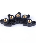 M6 Through Hole Wing Knobs Pack Of 20 With Hella Secure Thumb Screw Threads For Lawn Mower Handles Woodworking Jigs And Shop Fixtures No Sweat Hand Tighten, close-up of black plastic knobs with brass inserts.