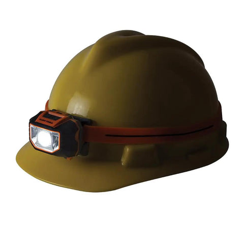 Hard Hat Headlamp With 45 Degree Tilt And Dual LED Flood And Spot Beams, anti-slip strap for secure fit, shown on a yellow hard hat.