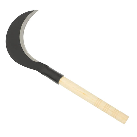 Long Handle Manganese Steel Scythe For Gardening And Weeding, wooden handle, sharp curved blade, durable farm tool.