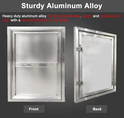 Top Shelf Aluminum Alloy Hidden Access Panel 33X41 Inch Fire Rated Waterproof Inspection Hatch showing front and back views.