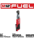 M12 Fuel Three Eighths Inch Ratchet Bare Tool With Fifty Five Ft Lbs Torque Ultra Compact Head in front of brand graphics