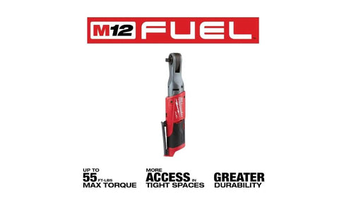M12 Fuel Three Eighths Inch Ratchet Bare Tool With Fifty Five Ft Lbs Torque Ultra Compact Head in front of brand graphics
