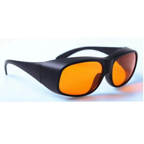 Heavy Hitter Laser Safety Glasses With OD5 Filter Blocking Violet Blue Green Lasers Built Different Construction, black frame with orange lenses.