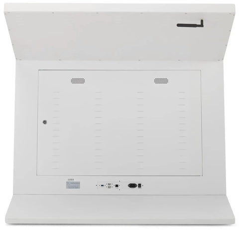 Rear view of a Real Deal Forty Nine Inch Interactive Touchscreen Kiosk Running Android Fourteen And Vibrant Full Hd Display.