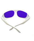 Heavy Duty Yellow Laser Safety Glasses Serving Straight Up Tough Eye Armor For 560 To 600nm Wavelengths With OD 6 Plus Coverage, white frame with blue lenses.