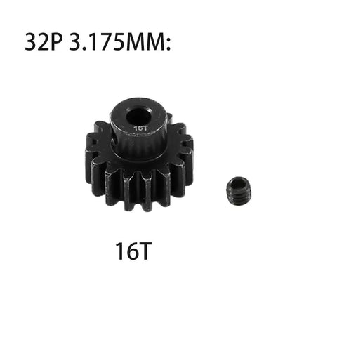 Steel 3.175mm Pinion Gear Set 16T 32P with screws for 1 by 10 RC crawlers and trucks, compatible with Traxxas Arrma HSP HPI AXIAL Tamiya LOSI