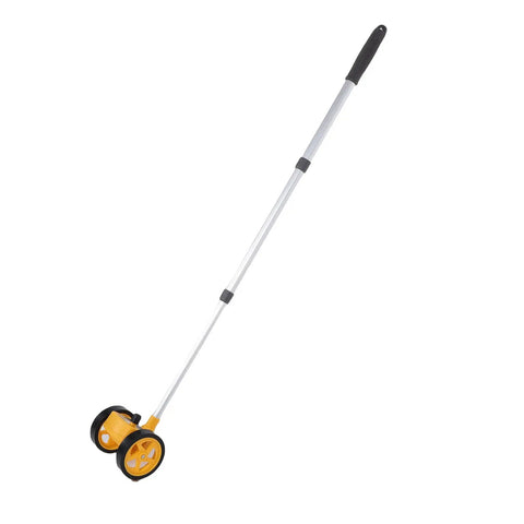 Eujgoov Rolling Measuring Wheel with 4in Dual Wheels, 0-9999.9m Distance with yellow wheels and silver handle viewed from the side.