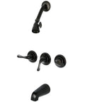 Three Handle Tub Shower Faucet In Oil Rubbed Bronze With Included Shower Head Arm Flange Valve And Tub Spout Top Notch Washerless Cartridge Five Inch Non Diverter Spout One Half Inch IPS Connection 2.0 GPM At 80 PSI Title 20 Compliant set shown