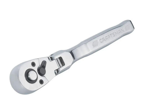 Flexible Head Ratchet Three Eighth Inch Drive With 72 Tooth Design, SAE Socket Wrench, Quick Release Button, chrome finish.