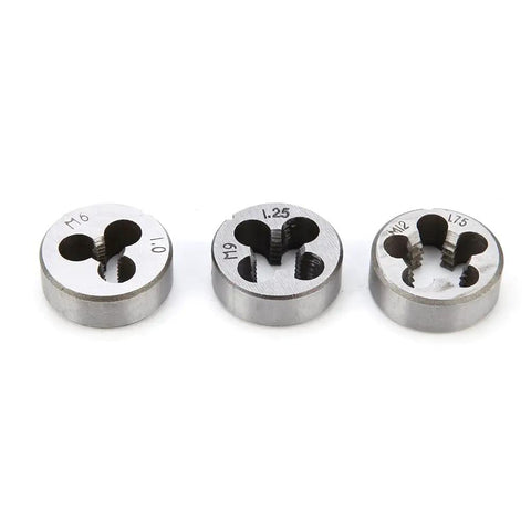 Gototop Heavy Duty Tap And Die Set For M3 To M12 Metric Threads, Alloy Tool Steel Threading Kit Includes Wrenches With Clear Size Markings In Plastic Case For Car Auto Repair And Workshop Hacks. Three alloy steel metric dies M6, M9, M12