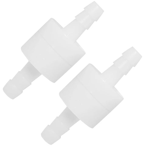 Pair of white PVDF inline check valves with barbed ends, 1/4 inch, for one-way flow