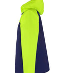 Side view of Heavy Duty Waterproof PVC Rain Jacket With 650GSM Shell Hi Vis Panels And Helmet Compatible Hood Welded Seams For Fishing Offshore Work And Pressure Washing Blue Neon