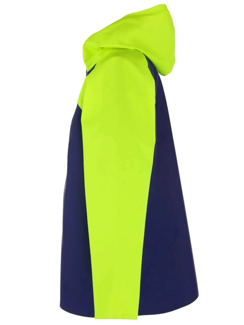 Side view of Heavy Duty Waterproof PVC Rain Jacket With 650GSM Shell Hi Vis Panels And Helmet Compatible Hood Welded Seams For Fishing Offshore Work And Pressure Washing Blue Neon