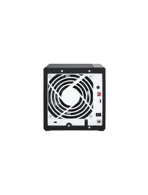 Back view of Plug And Play 4 Bay USB C Direct Attached Storage Box Featuring Hardware RAID For 3.5 Inch SATA Drives with cooling fan.
