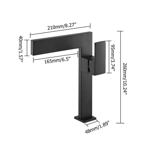 Dimensions of Matte Black Ultra Thin Vessel Sink Faucet With Single Handle Waterfall Spout, Solid Brass 1 Hole Lavatory Vanity Tap