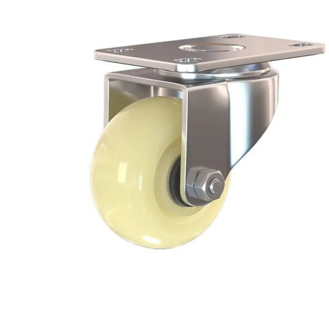 Smooth Operator White Nylon Casters Two Pack Quiet Rolling Furniture Wheels With Secure Brakes Heavy Duty Cart Replacement Quick Swap For Sofas And Pianos Badass Glide close-up of a single white nylon caster wheel with metal bracket
