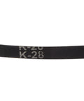 Close-up of Two Pack K28 Rubber V Belt Heavy Duty V-Belt For Power Transmission, showing K-28 marking on black belt surface
