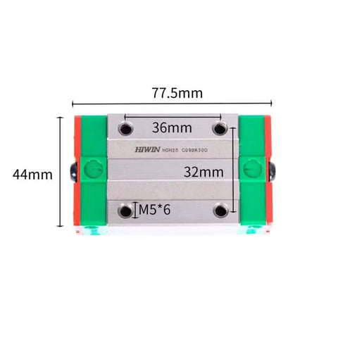 Image of Pro-Grade HGH20 HIWIN Linear Block for HGH20CA Linear Motion Slider Rail Guide, dimensions marked for CNC systems.