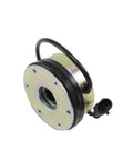Electromagnetic brake for forklift, round metal housing with black outer ring and electrical connector (angled view)