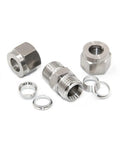 Front view: Pysrych 304 stainless steel compression tube fitting union with double ferrules, 3/8 in OD x 3/8 in OD, pack of 2