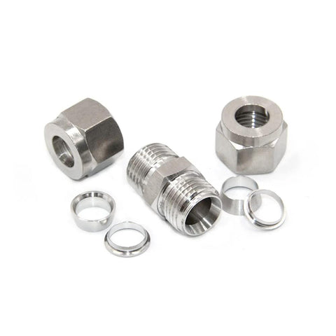 Front view: Pysrych 304 stainless steel compression tube fitting union with double ferrules, 3/8 in OD x 3/8 in OD, pack of 2