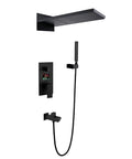 Slick Wall Mounted Digital Display Led Black Shower System Featuring 4 Function Pressurized Waterfall Rain Mode And Handheld Sprayer with digital gauge.