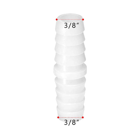 White plastic Quickun hose barb fitting, 3/8 in x 3/8 in barbed joint adapter