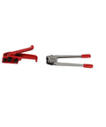 Heavy Duty Manual Strapping Machine Kit With Tensioner And Sealer For Secure Pallet Wrapping, red tools with aluminum body.