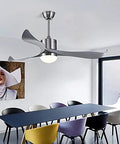 Modern Scandinavian Ceiling Fan With Bright Led Lights And Remote Dimming Switch Delivering Legit Smooth Airflow For Bedroom Kitchen Or Office. Ceiling fan with silver blades and integrated LED light.