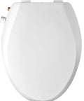No Fuss Non Electric Elongated Bidet Toilet Seat With Dual Wash Arms and Adjustable Water Pressure, white color, front view.