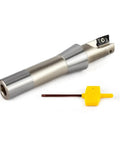 Beefy Indexable End Mill With R8 Shank One Inch Cutting Diameter Five And Twenty Seven Thirty Second Inch Overall Length Ninety Degree Right Hand Cut Two Flutes Carbide Insert Ready AP16 Nickel Plated Includes Two APKT1604 Carbide Inserts with yellow tool