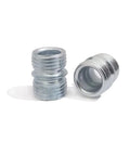 Eight Pack 3/4 Inch Shelf Post Connectors Set Of 8 Heavy Duty Threaded Pole Connectors For Extending Wire Rack Shelving, Metal Construction, Compatible With Most 3/4 Inch Posts. Two metal 3/4 inch threaded shelf post connectors shown