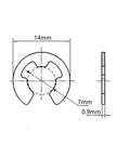 Diagram of External E Clip Retaining Ring Washers For 7mm Shafts, 14mm Outer Diameter Circlip Snap Ring, side and front view.